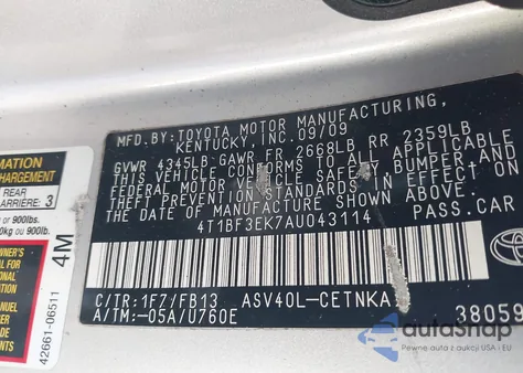 2010 Toyota Camry Le из США, поврежденный, VIN 4T1BF3EK7AU043114